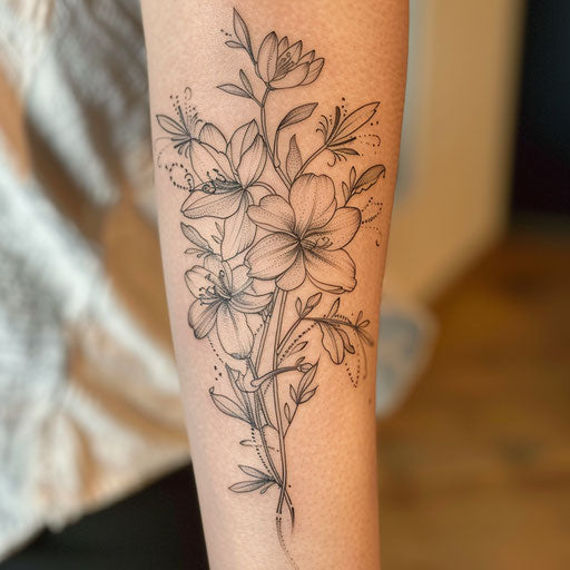 Zen garden floral tattoo, minimalist lines, calming vibe