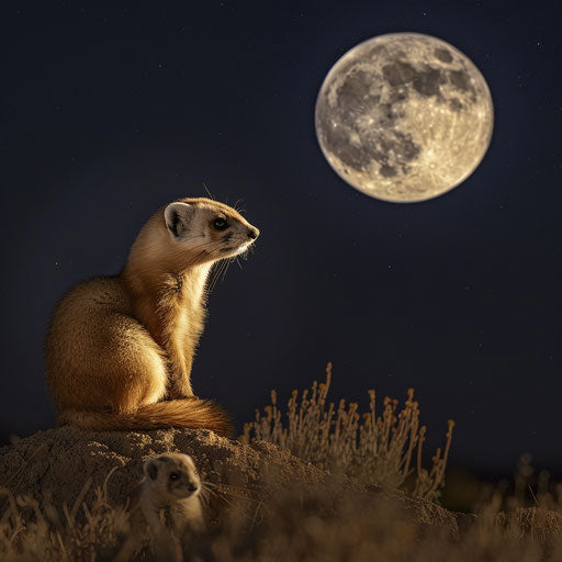 Black-footed ferret hunting prairie dogs under full moon