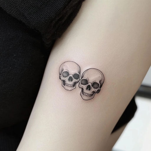 Small matching tattoos of tiny skulls in the style of Ed Hardy