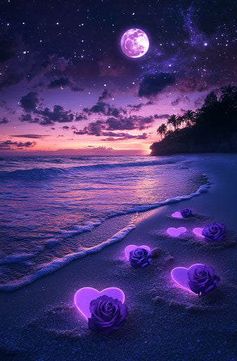 Glowing purple hearts on the beach, starry night sky with full moon and stars, purple roses in sand next to heart shapes, magical scene.
