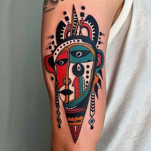 Traditional folk flat tattoo sketch with bold primary colors and ethnic patterns
