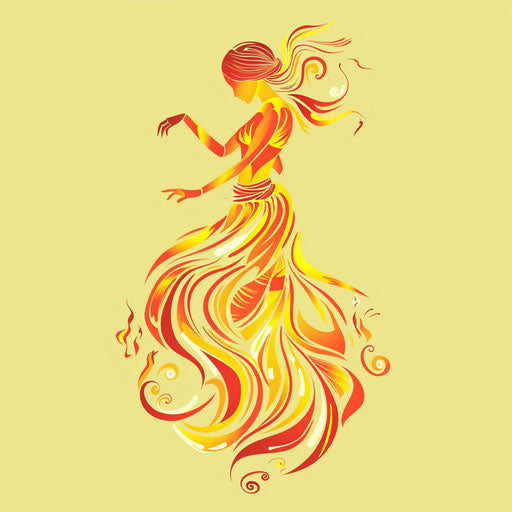 Dynamic flat tattoo sketch of Venus dancing, swirling cloth, vivid yellow and orange, clipart style