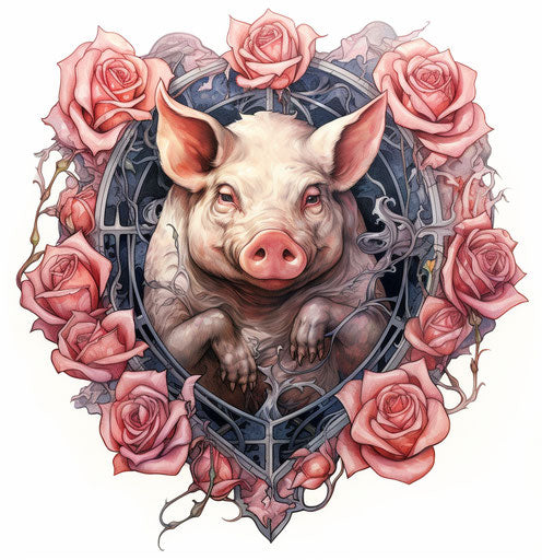 Pink pig in a rose-shaped heart