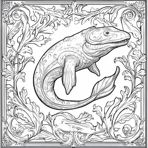 Elegant Victorian Mosasaurus, coloring book page