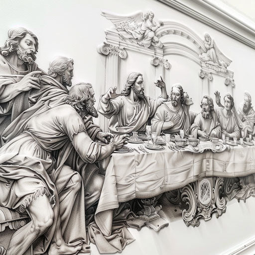 Engraved Last Supper: intricate details on white