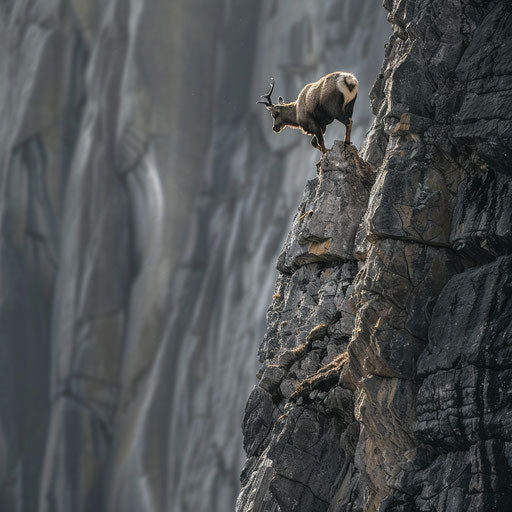 Ibex climbing a steep rock face, Vincent Munier style