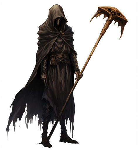 Black death with scythe, anime influenced, symbolic props, D&D, sleek, xbox 360 graphics, poignant symbolism, Firecore 71:76