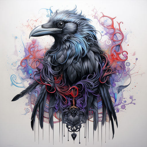 Portrait of a raven with colorful feathers in intricate dotwork