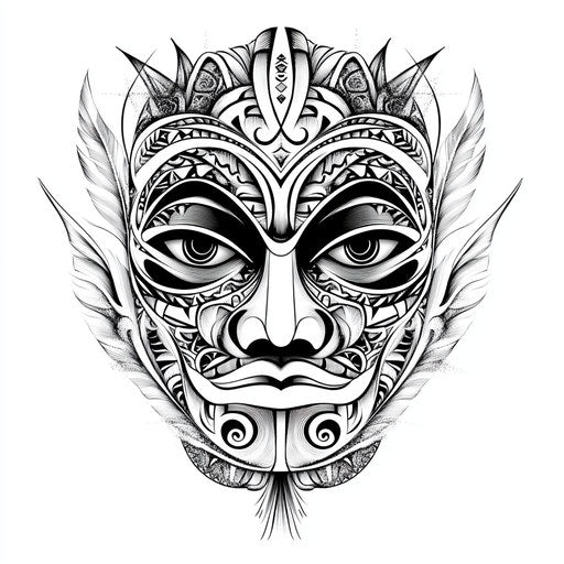 Flat tattoo sketch of Maori face with detailed line work