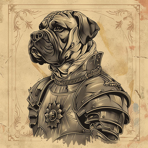 Historical sketch of dog in medieval armor tattoo
