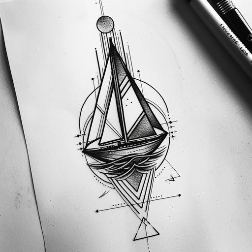 Art Deco inspired flat tattoo sketch with a boat and streamlined geometric water