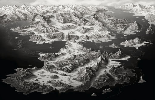 Black and white drawing of a world map in dark brown and white