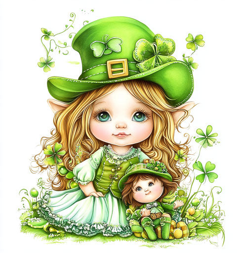 St. Patrick's Day baby girl with a leprechaun and a cute doll