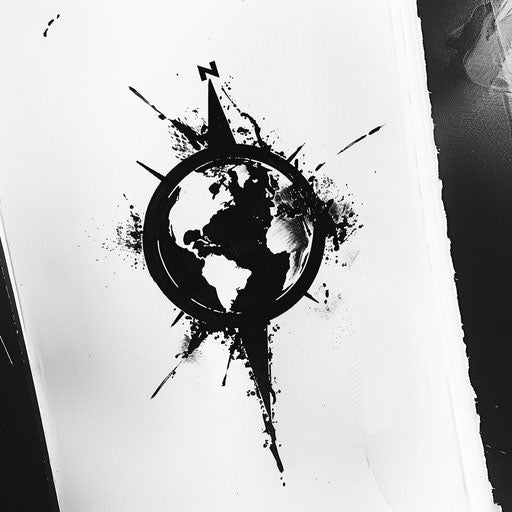 Minimalist globe with compass, black on white, clipart design