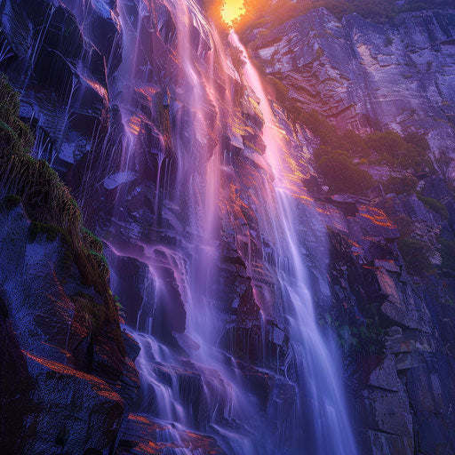 Ruby Falls with misty spray and sunset glow