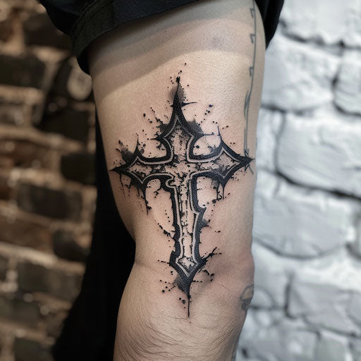Gothic cross tattoo on elbow, Gerald Brom style, elbow