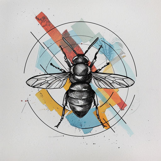 Contemporary sketch of a wasp with minimalist elements and stark color contrasts