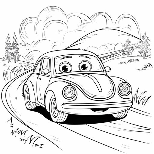 Cheerful cartoon car on the road