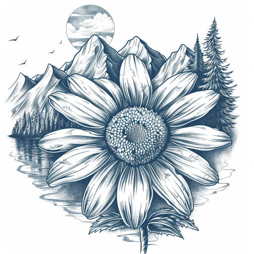 Adventurous tattoo sketch of a daisy with mountain landscapes
