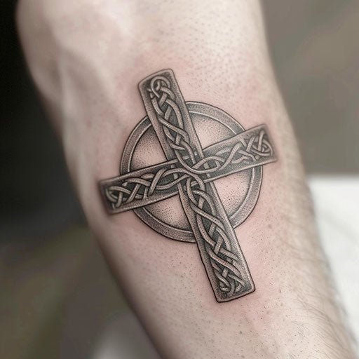Elaborate Celtic cross tattoo on white surface