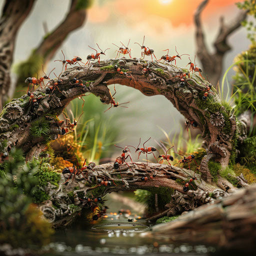 Ants forming a bridge, in the style of Paul Souders