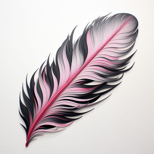 Black feather on white canvas, light silver and light pink style, sculptural engraving