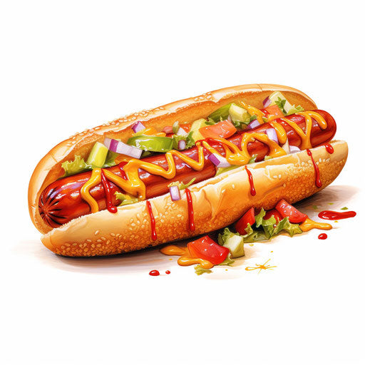 Hot dog illustration in the style of Oil painting, on a white background