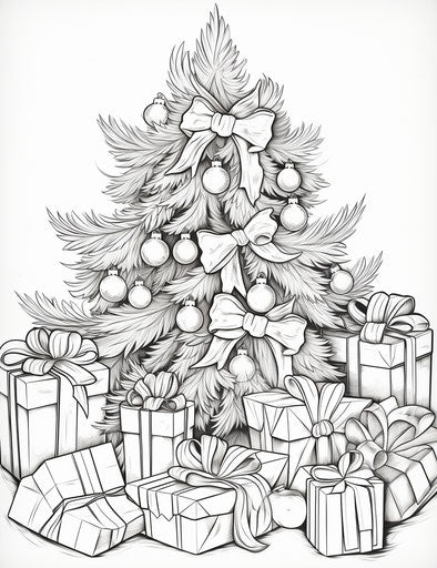 Coloring page of Christmas trees with presents, light yellow and light black style