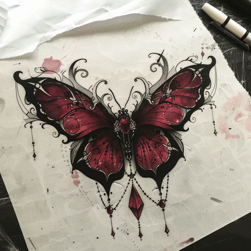 Gothic tattoo sketch of a dark red butterfly with detailed baroque wings