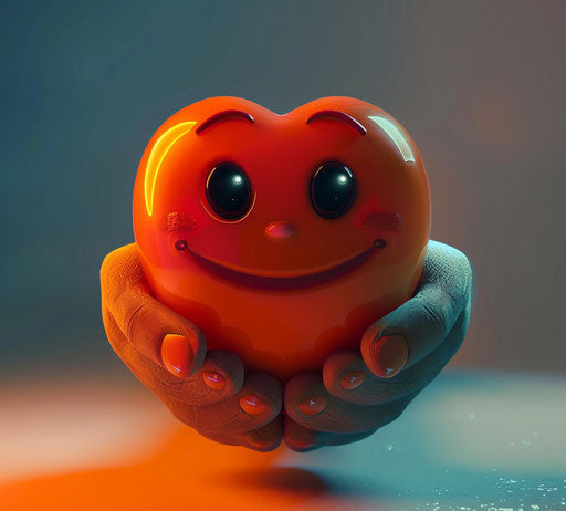 Emoticion holding heart, tupinipunk style, eye-catching, innocent, crimson and amber