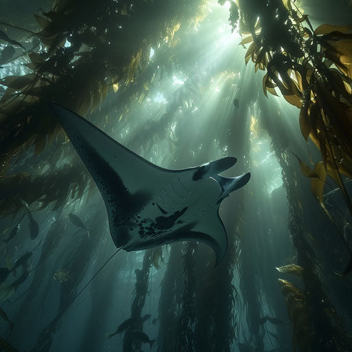 Manta ray navigating through giant kelp