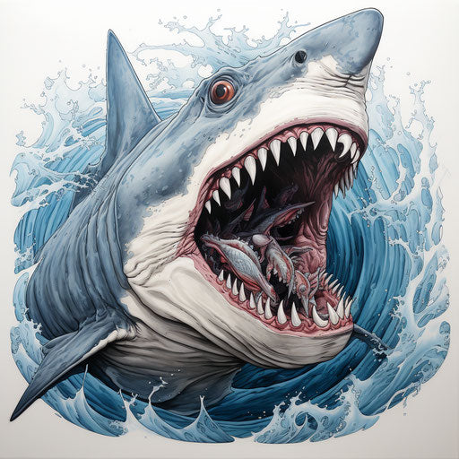 White shark with jaws open, frank cho style