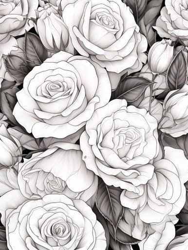 Black and white roses coloring page, tender nature depiction