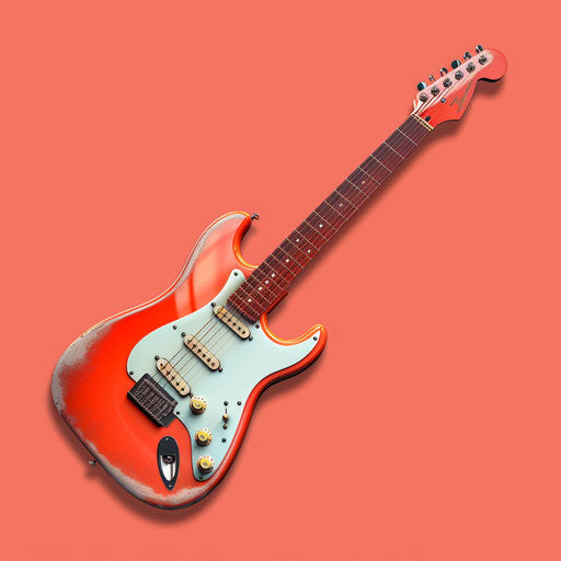 Realistic electric guitar clipart on vibrant coral background