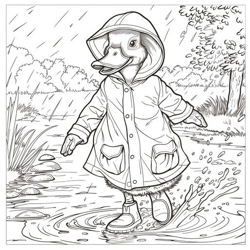 Duck in raincoat and boots splashing in puddles