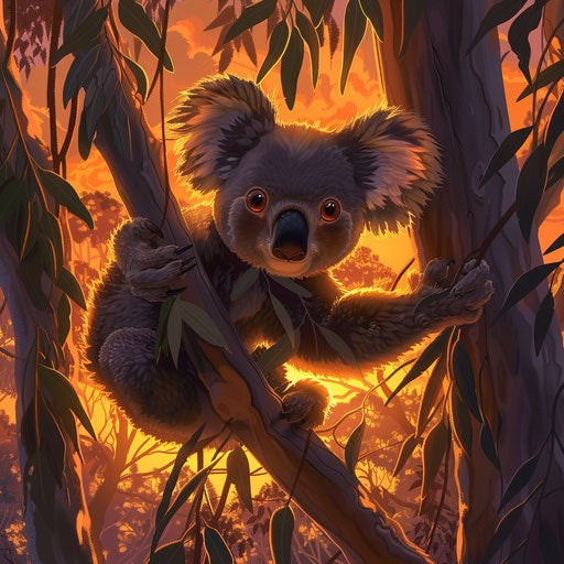 Koala bear in a lush eucalyptus forest at sunset