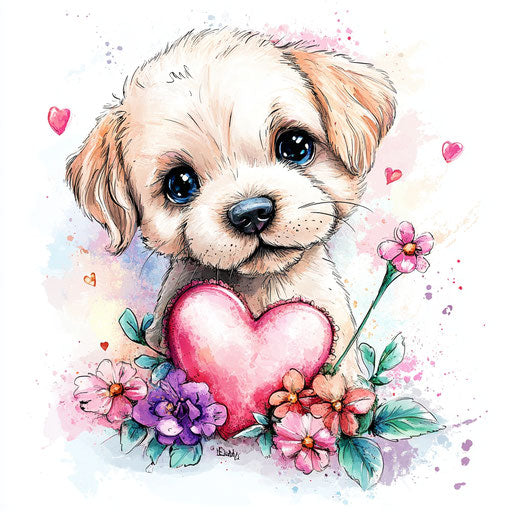 Cute Valentine's Day clipart: puppy, heart, flowers, pastels