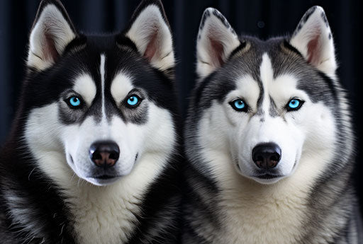 Huskies with exaggerated features, black and light blue, light maroon and silver, icepunk, long lens, smilecore, surprisingly absurd