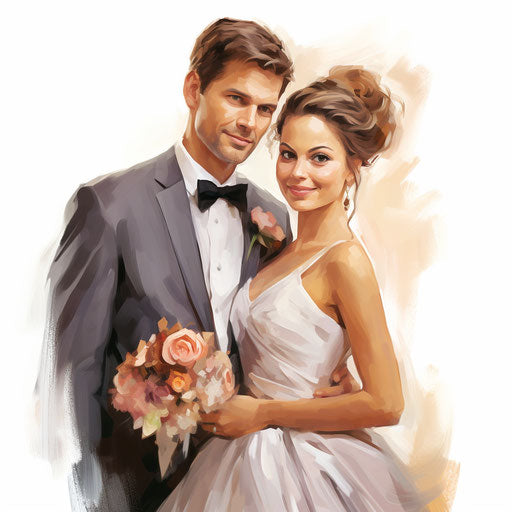 Bride and groom art in Oil painting style on white background