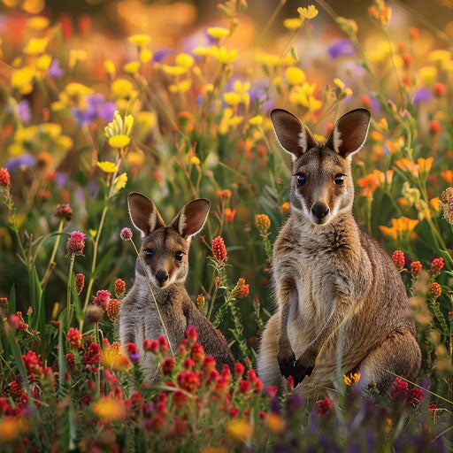Wallabies amidst vibrant wildflowers