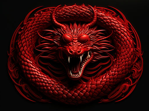 Dragon and snake emblem, dark red, luminous shadows