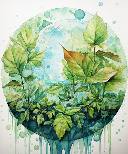 Earth with leaves and rain, recycled style, tondo, purism