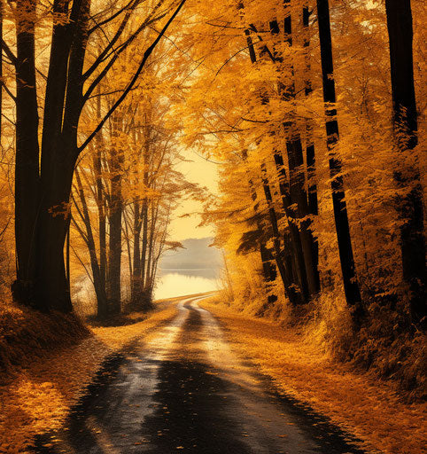 Autumn road with yellow leaves, vintage style, AP photo