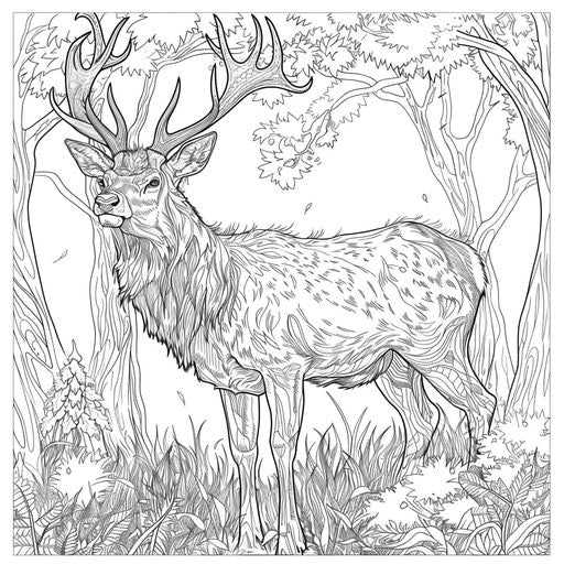 Majestic stag with intricate antlers in a forest. Coloring page