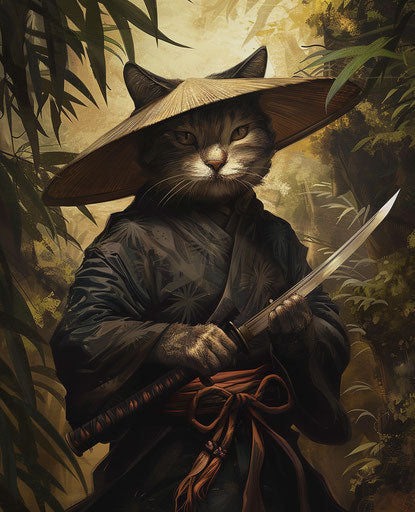 Cats with katanas, normcore style, traditional Vietnamese