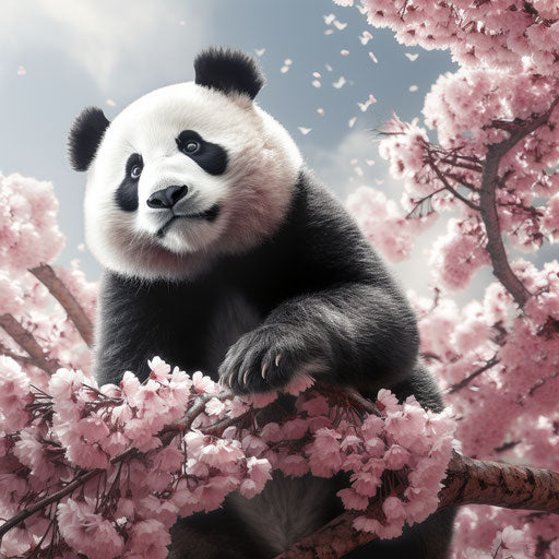 Pink panda on pink blossoms, animated gif style, charming realism