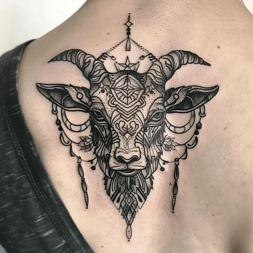 Blackwork goat tattoo on white background