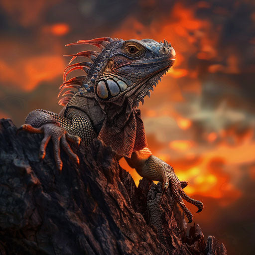 Iguana on a tree trunk with a dramatic sunset