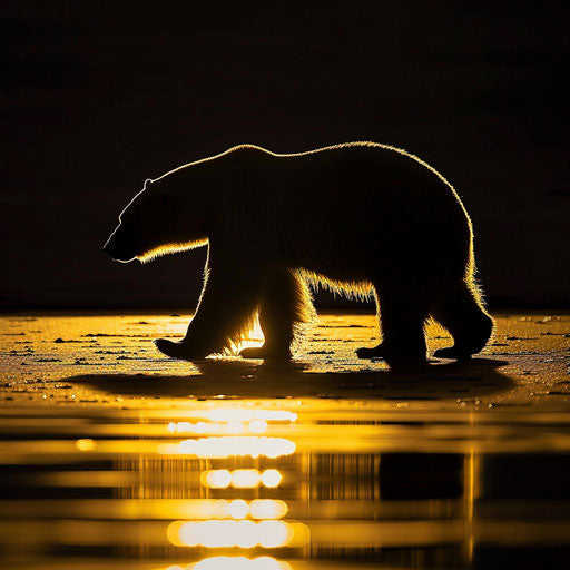 Polar bear silhouette against golden Arctic sunrise