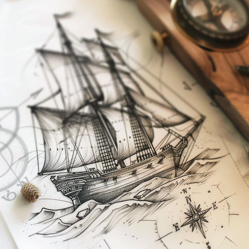 Nautical-themed memorial tattoo: ship and compass
